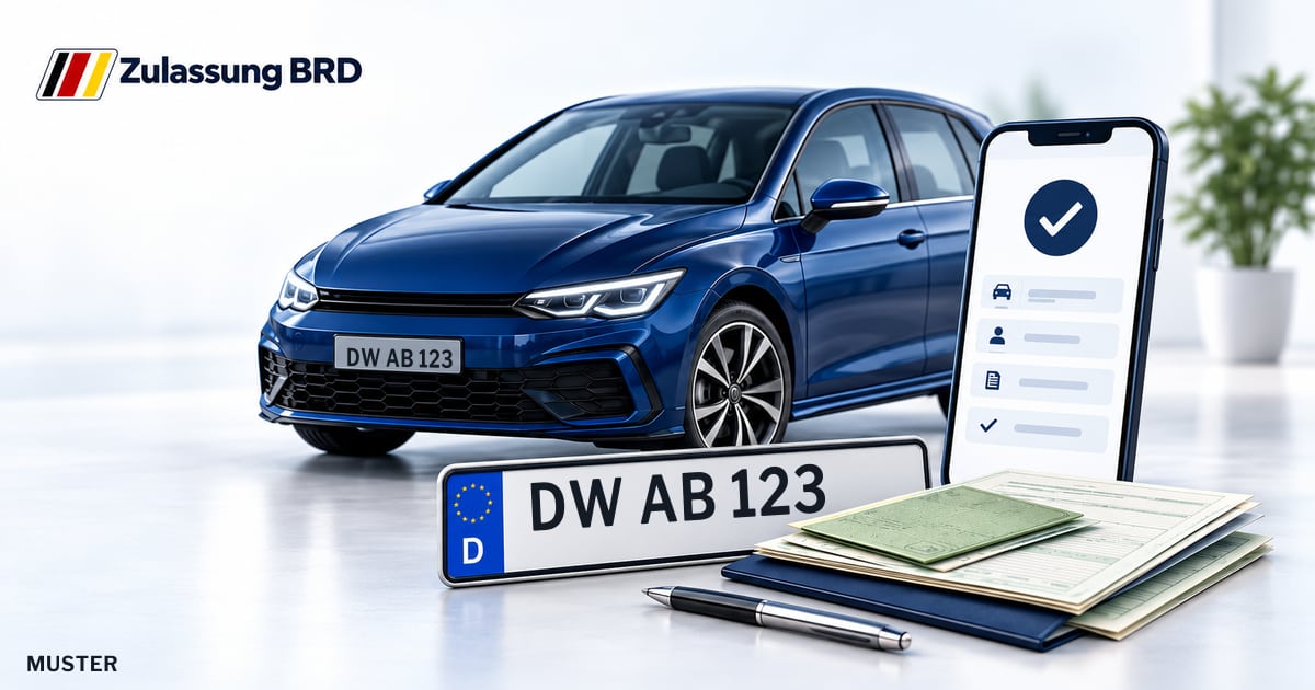 Online Fahrzeugzulassung in Wilsdruff: Musterkennzeichen DW AB 123, Auto und Fahrzeugpapiere und Smartphone. Illustration mit Logo von Zulassung BRD.